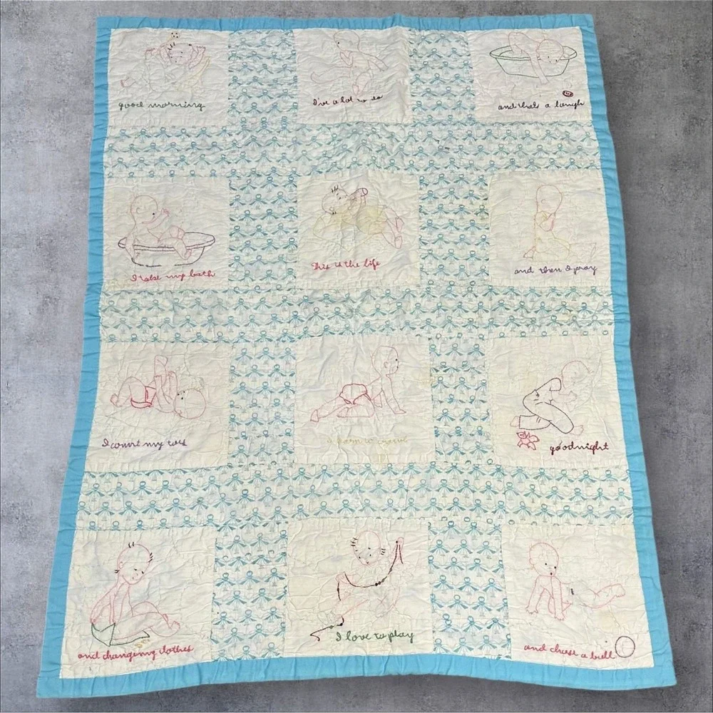 Vintage Handmade Embroidered Baby Quilt‎ Crib Blanket Blue White 28x39